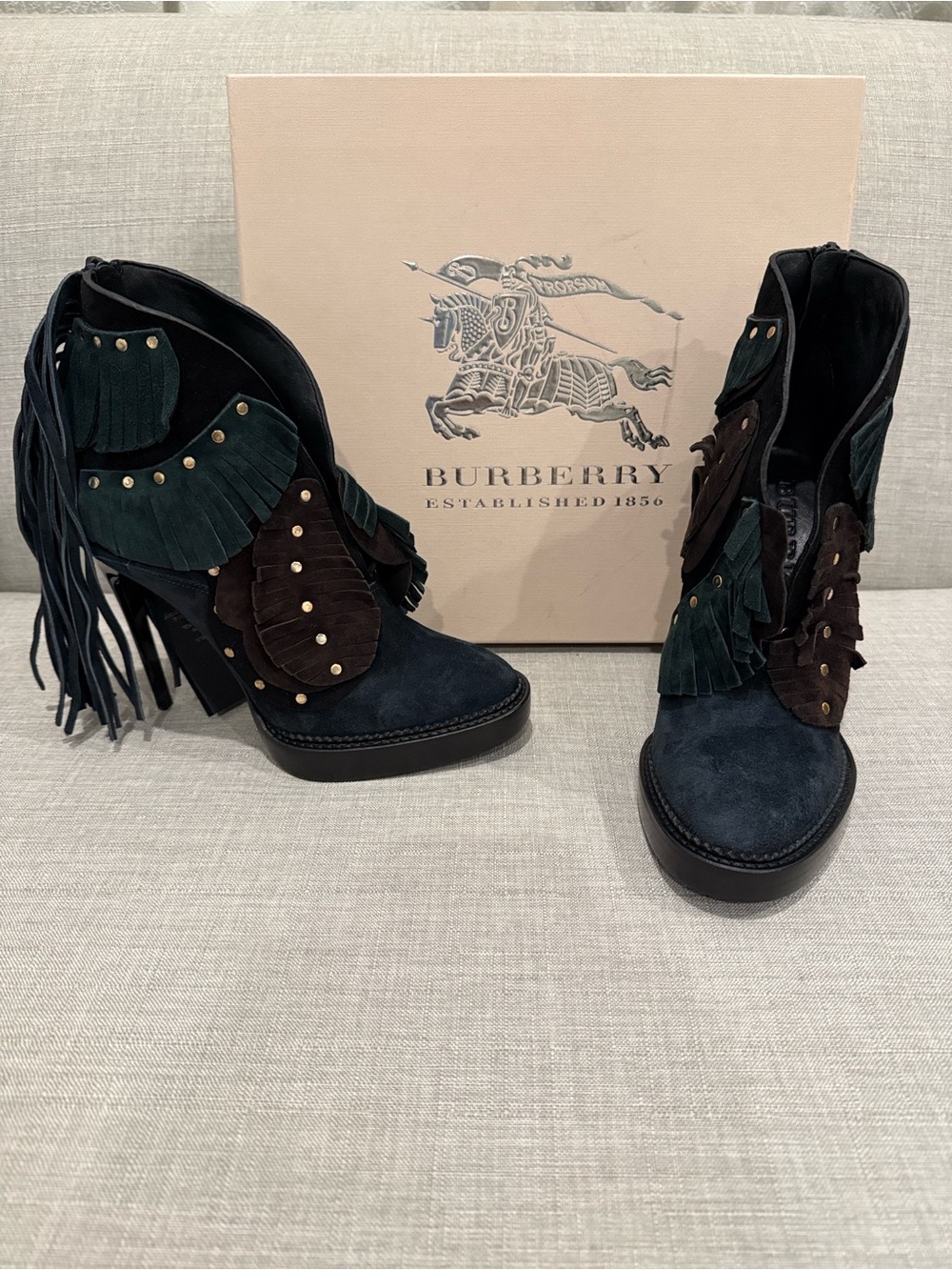 Burberry Teal and Brown Suede Fringe Heeled Ankle Boots